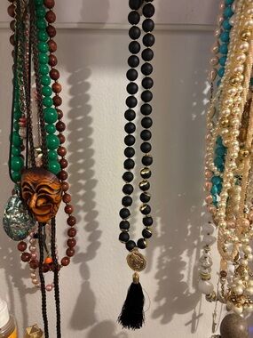 Black Beaded Tassel Necklace with Gold Coin Pendant w/bangle